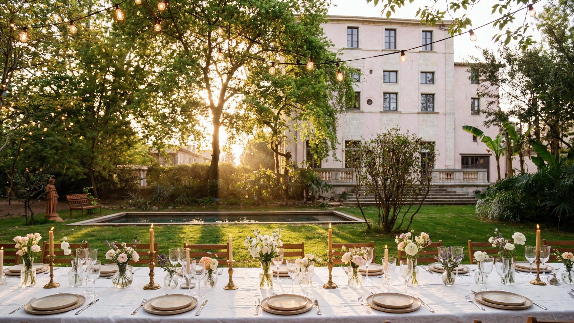 Soirée de gala éclairée dans la cour du Château Darcy à Nîmes