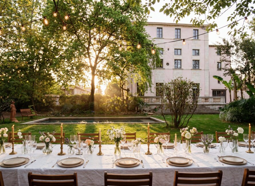 Soirée de gala éclairée dans la cour du Château Darcy à Nîmes