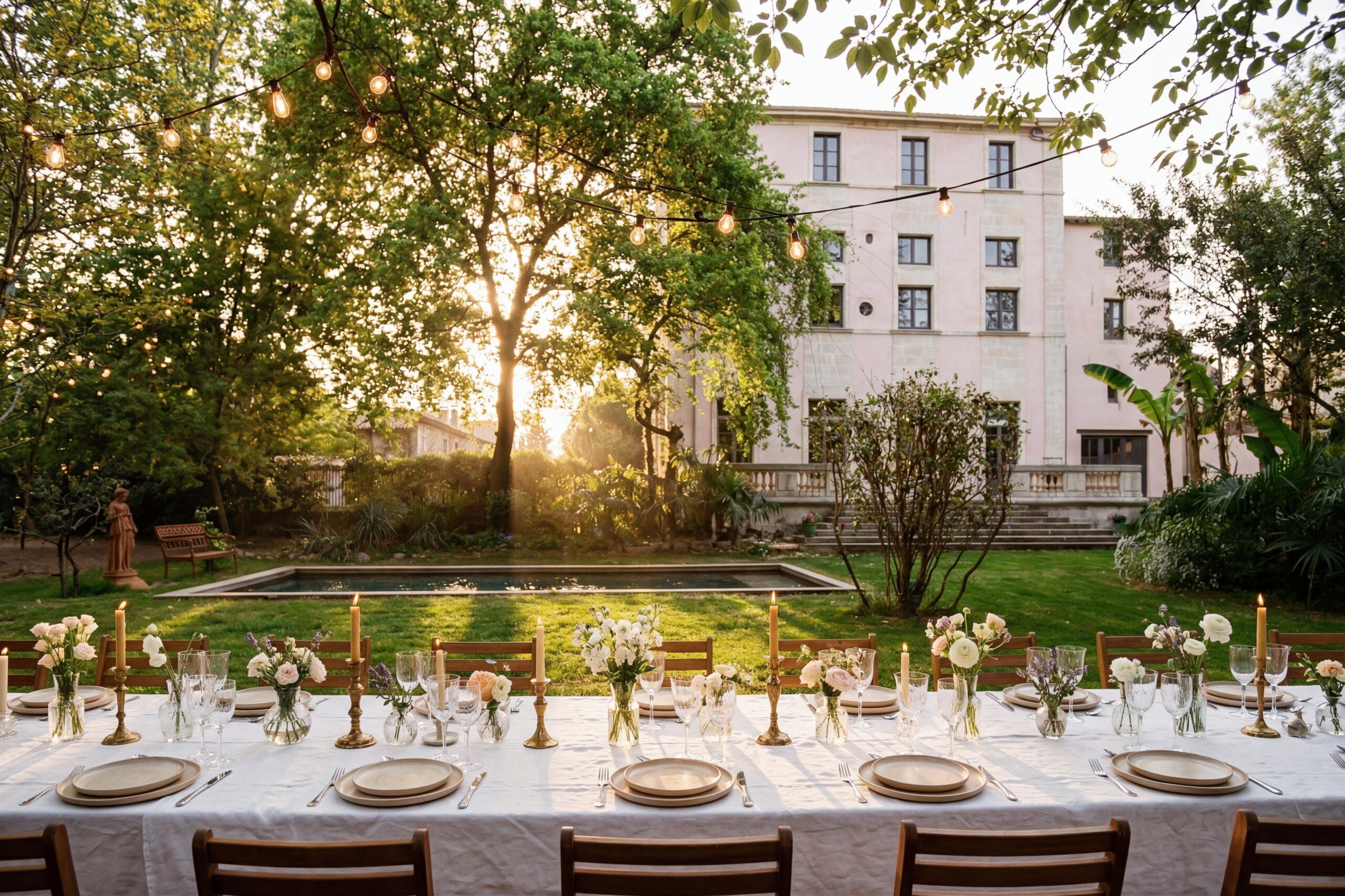 Soirée de gala éclairée dans la cour du Château Darcy à Nîmes